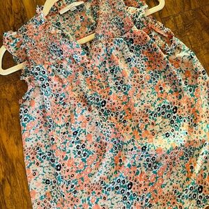 LOFT Floral Smocked Blouse - Coral, Teal, White